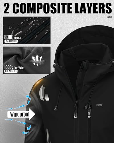 33,000ft Herren Softshelljacke Wasserbeständige Winddichte Funktionsjacke Atmungsaktive Übergangsjacke Leichte Fahhradjacke mit Kapuze Ohne Fleecefutter Schwarz XL