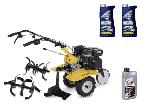 Fresa da giardino a benzina / motocoltivatore, 6 CV con aratro + 1 l di olio per motore + 2 l di olio del cambio