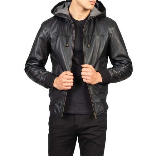 Mens Genuine Black Hooded Bomber Leather Jacket | Real Lambskin Leather Jackets for Men with Hood