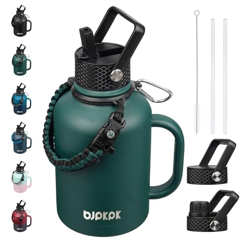 Image of BJPKPK Large Insulated Water Bottles with Straw Lid & Handle, 50oz Water Bottle with 3 Lids and Paracord Strap, Stainless Steel Metal Water Bottle, Insulated Water Jug, Army Green