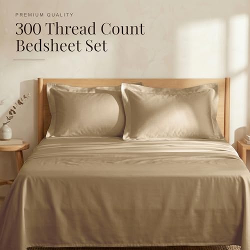 Image of Huesland 300 TC 100% Pure Cotton Luxe Soft Touch King Size Bed Sheet Cotton with 2 Pillow Covers - Luxury Collection | Sand Dune | 108 x 108 inches