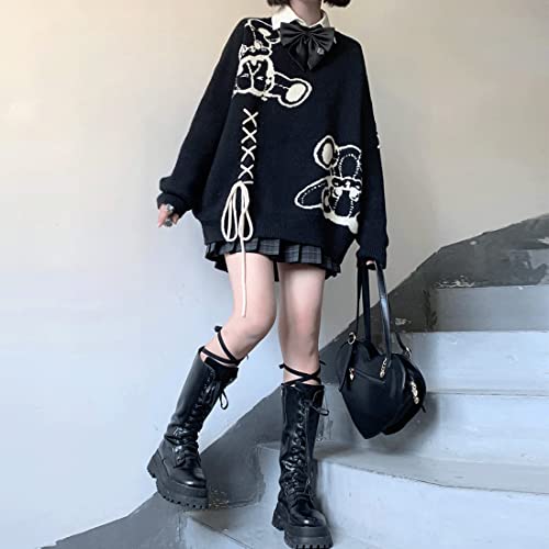 Image of Harajuku Style Kawaii Pastel Goth Fashion Oversized Long Sleeve Crewneck Knit Novelty Bear Print Sweater for Women M Black