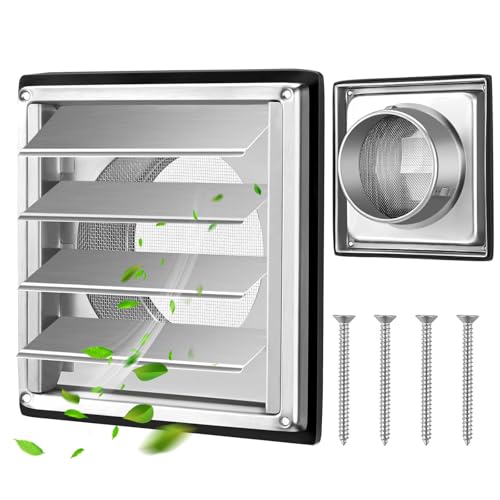 Luckwaii Lüftungsgitter Edelstahl Belüftungsgitter 150mm Lüftungsgitter mit Insektenschutz Bewegliche Lamellen, Rückschlagklappe mit Dichtung und Schrauben für VMC Leitung und Mantel, Dunstabzugshaube