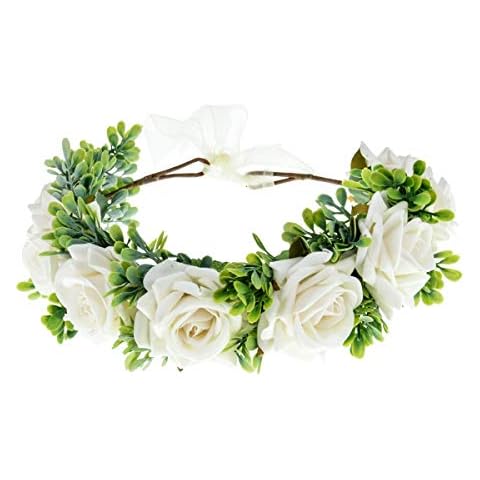Women Rose Flower Crown Headband Floral Wreath Boho Weddings Hair Garland Headpiece Hair Band for Girls Festival (White) Cover