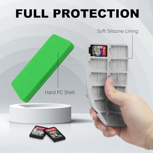 Image of FYY Nintendo Switch Game Case Holder for Switch 2 Cartridge Case with 24 Game Card Slots & 48 Micro SD Card Slots, Hard Shell, Silicone Lining Green Navy