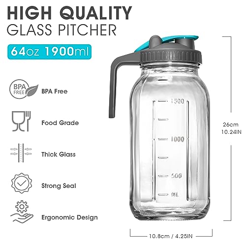 Glass Pitcher with Lid, 2 Quart(64oz) Mason Jar Pitcher with Pour Spout Handle Lid, Large Wide Mouth Jar Leak-Proof Airtight Water Jug for Sun Tea, Juice, Milk, Tea, Lemonade, Coffee, Drinks, Set of 2
