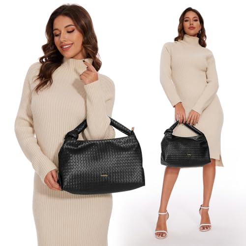 Image of Vulkitty Hobo Bags For Women, Woven Leather Shoulder Purse Fashion Designer Ladies Top-Handle Handbag Black
