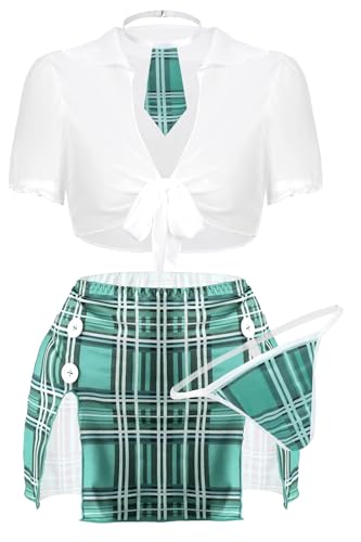 FEOYA Women Schoolgirl Lingerie Set Student Sexy Outfits Sheer Crop Top and Mini Skirt with Tie & Thong 4 Piece Green M