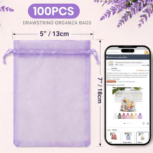 Image of ANZNKU 100 Pack Organza Bags 5 x 7 in Light Purple Small Mesh Gift Bags Bulk Drawstring for Wedding, Goodie Bag for Party Favor Candy Jewelry Soap Makeup, Treat Sachet for Baby Shower Graduation