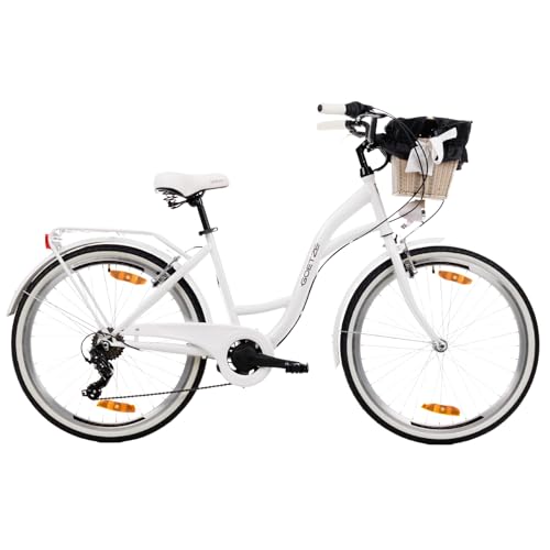 Goetze Mood 26 Zoll Jugendfahrrad, 17 Zoll Tiefeinsteiger Stahlrahmen, 6-Gang Kettenschaltung, doppelte V-Bremsen, LED-Beleuchtung, Rattankorb, Komfortsattel, mit Seitenständer & Klingel