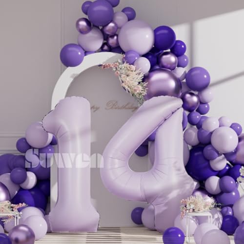Image of SUWEN 40 Inch Light Purple Lavender Big 14 Balloon Number Foil Helium 0-9 | 14th Large Giant Birthday Huge Mylar Jumbo Happy Party 41 Anniversary Decorations