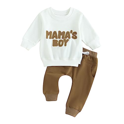 Image of MERSARIPHY Fall Baby Boy Pant Set Toddler Crewneck Long Sleeve Pullover Sweatshirt Sweatpant 2Pcs Winter Outfits Clothes(White Brown mama's boy,6-12 Months)