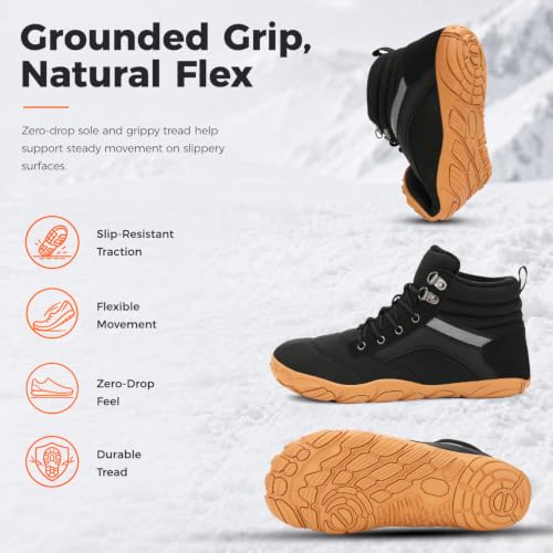 Image of Womens Mens Winter Barefoot Boots Warm Minimalist Wide Toe Box Snow Boots Zero Drop Sole Outdoor Water Resistant Ankle Booties