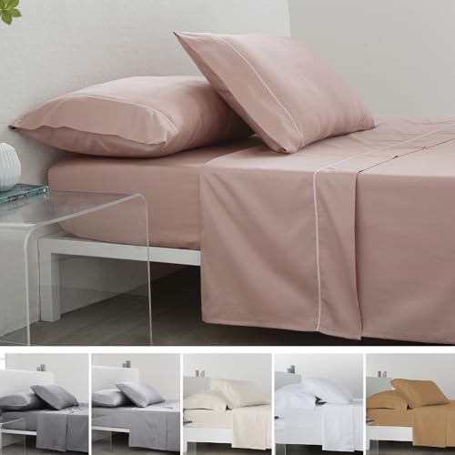 COTTON ARTean Juego de sábanas 150x190/200 Saten algodón Egipcio 300 Hilos LEUNA nude 4 piezas: Encimera, 2 Fundas de Almohada, Bajera Ajustable