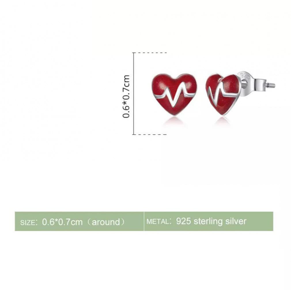 Orecchini a Bottone con Battito Cardiaco a Forma di Cuore in Smalto Rosso in Argento Sterling per Gioielli da Donna da 6 mm