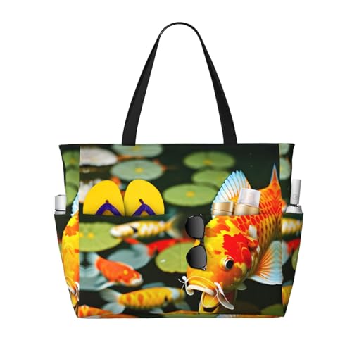 Sac à bandoulière imprimé poisson koi japonais l'élégance d'un grand fourre-tout de plage étanche