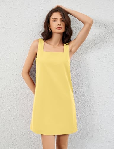 Image of Summer Linen Mini Dress for Women Sleeveless Square Neck Tank Shift Dresses Causal Backless Solid Short Sundress