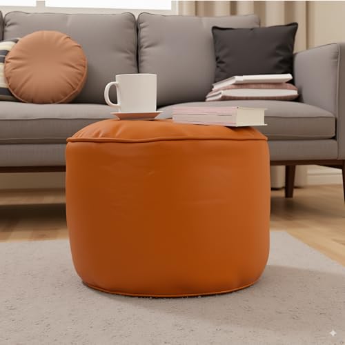 Image of Premium Faux Leather Footstool /Footrest /Pouffe | EPS Beans Filled | Ready to Use | Soft Cushioned Ottoman | Durable Leatherette Finish | Living Room, Bedroom & Office Color- (Orange)