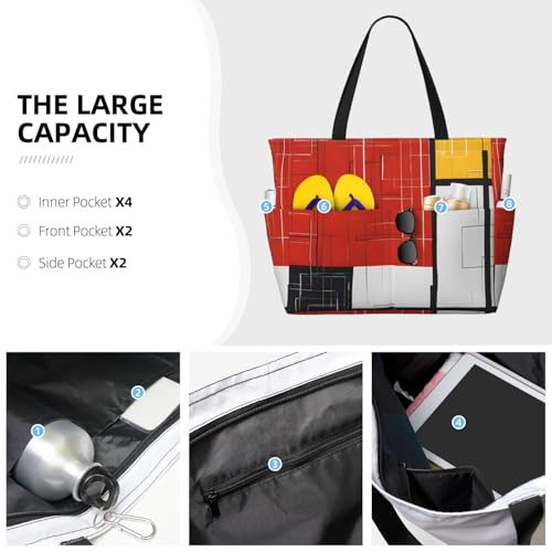 (Composition In Red Yellow Blue And Black) Large Beach Tote Bag For Women With Zipper Foldable Lightweight Travel Pool Bag For Vacation Shopping3