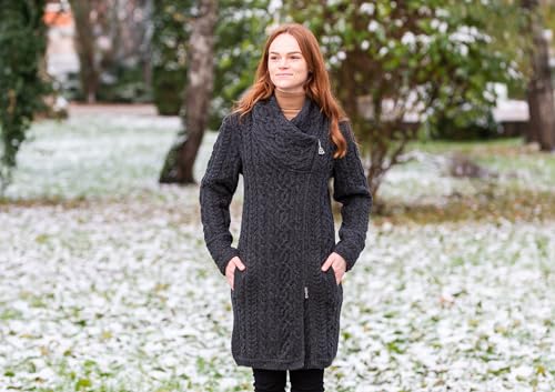 Image of SAOL Ladies Irish Aran Zip Cardigan - 100% Merino Wool Coat with Pockets and Hood, Made in Ireland