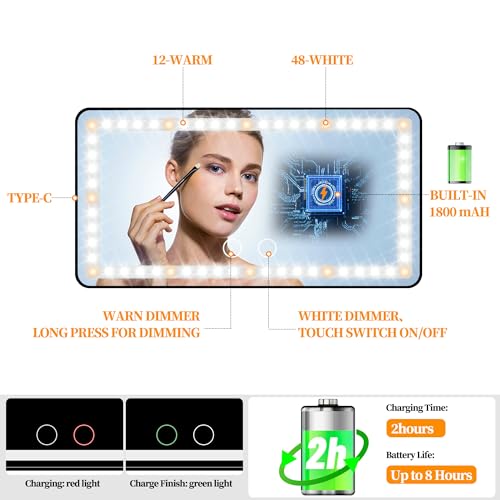 Image of Car Visor Vanity Mirror,Car Makeup Mirror with 60 LED Lights,Car Cosmetic Mirror with Built-in Battery,Rechargeable Touch Screen LED Makeup Travel Mirror,3 Light Mode Dimmable (with Battery, Black)