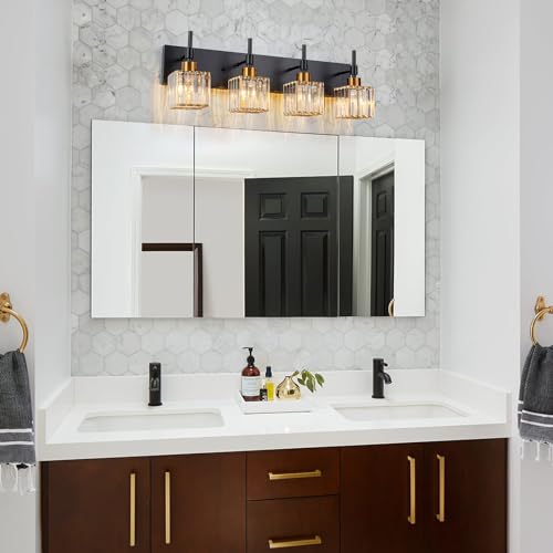 Image of Black and Gold Bathroom Light Fixture,4-Lights Crystal Vanity Lights Fixtures with Square Crystal Shade Metal Base,Modern Black and Brass Bathroom Lights Over Mirror