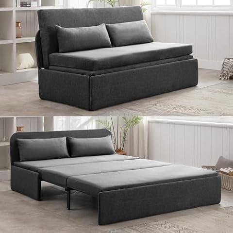 ZAFLY Queen Size Sofa Bed, Pull Out Convertible Sleeper with Cushions & Pillows, Linen Loveseat Couch, Folding Sofa for Compact Spaces in Living Room - Dark Grey Cover