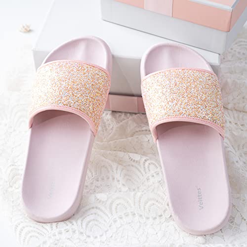 Veittes Kid's Girl Boy Pool Slide Sandals, Slip On Bling Bath Shower Beach Sliders For Younger Older Children.(2008001-2,Pk/Gt,4) #TOP4