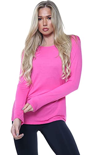 Nathnic® Women Ladies Long Sleeve Round Neck Plain Top Stretchy Casual Summer T-Shirts Basic Slim fit Tee Tops (Fuchsia, 8-10)