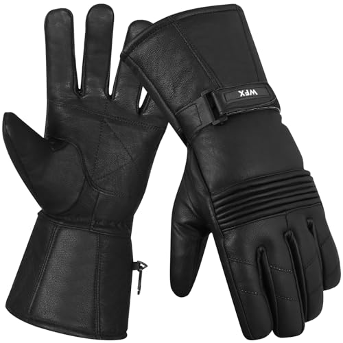 WFX Guantes de Moto de Invierno a Prueba de Viento, Cierre de Muñeca con Gancho y Bucle, Guantes de Cuero para Hombre, Acolchado, térmico, calefactado, Negro, Talla S