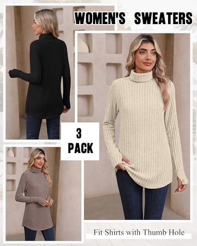 Ficerd 3 Pack Women's Turtleneck Long Sleeve Tunic Sweater Thumbhole, Ribbed Raglan Curved Hem Knit Shirts Loose Fall Winter4