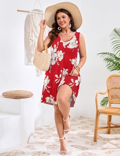 Image of JollieLovin Women Plus Size Summer Sundress Tank Sleeveless V Neck Beach Swing Dress Swimsuit Cover ups(L-5X)