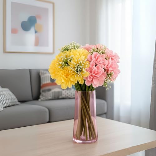 Image of SATYAM KRAFT 2 Pcs Artificial Hydrangea Dahlia Flowers 7-Stem Faux Bunch Floral Bouquet For Home Decor Vase Pot & Living Room Bedroom Office Table Decoration Items (Vase Not Included)