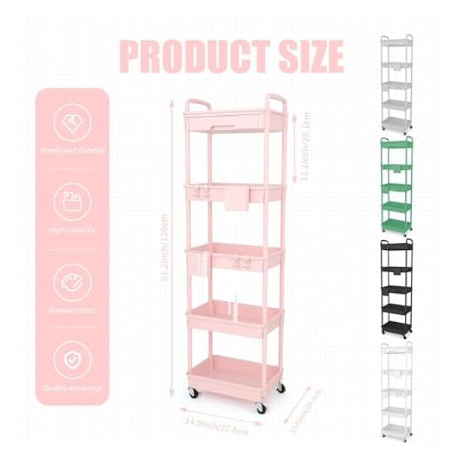 ´¢Îï³µ 5 Tier Rolling Utility Cart with Drawer,with Drawer & Extended Poles,with Plastic Shelf & Lockable Wheels,Smooth Mobility(Color77)-ZyTOme37
