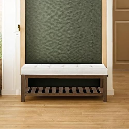 24KF Large Rectangular Upholstered Tufted Linen Ottoman Bench, Padded Bench with Solid Wood Shelf-Ivory - Thumbnail 6