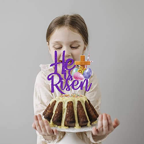 He Is Risen Cake Topper, Purple Glitter Jesus Easter Cake Pick For Jesus Easter Christian Holiday Cross Party Cake Decoration 1Pcs #TOP2
