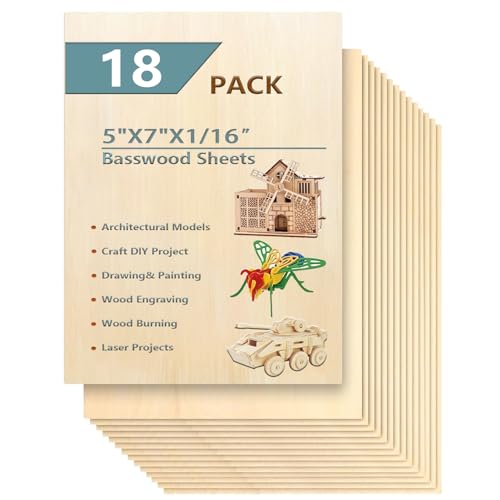 18 Pack Selected Basswood Sheets for Crafts-5 x 7 x 1/16 Inch- 1.5mm Thick Plywood Sheets - Balsa Wood Sheets -Unfinished Wood Boards for Laser Cutting, Wood Burning, Architectural Models, Staining