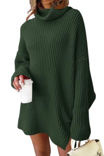 Fisoew Damen Rollkragen Strickpullover Langarm Sweater Lang Pullover Oversized Pulloverkleid,Armeegrün,S