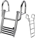 Hoffen 4 Step Pontoon Boat Ladder, Stainless Steel Telescoping Folding Boat Ladder Rear Entry Heavy Duty Custom Inboard with Pedal and Safe Handrails