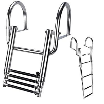 Hoffen 4 Step Pontoon Boat Ladder, Stainless Steel Telescoping Folding Boat Ladder Rear Entry Heavy Duty Custom Inboard with Pedal and Safe Handrails