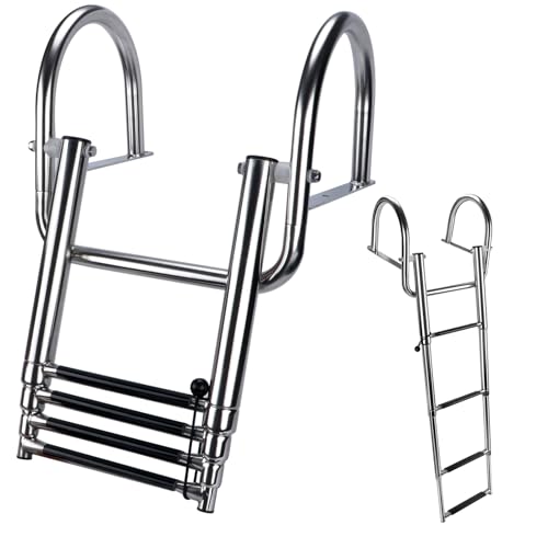 Hoffen 4 Step Pontoon Boat Ladder, Stainless Steel Telescoping Folding Boat Ladder Rear Entry Heavy...
