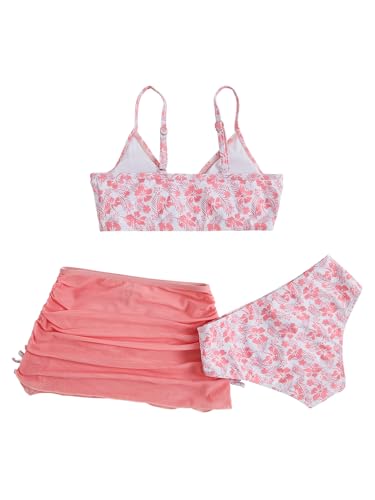Image of COZYEASE Girls' 3 Piece Set Floral Print Bikini Swimsuit with Drawstring Beach Skirt Cute Ruched Bathing Suit