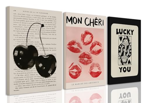 Vintage Black Cherry Lip Canvas Art - Funky Preppy Decor Set