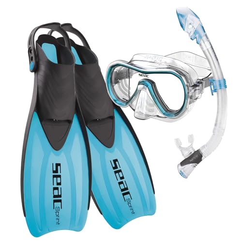 SEAC Set Sprint Dry, Ensemble de Snorkeling pour Adultes et Enfants avec Palmes à Sangles réglables, Masque de plongée et Tuba avec Dry Top