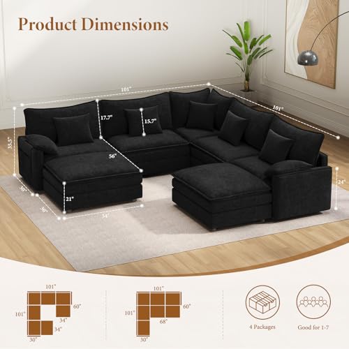 Image of Vesgantti 101 inch V-Shaped Corner Couch Sectional, 7 Seat Customizable Modular Cloud Couches with Movable Ottoman, Chenille Deep Seat Sofa Set with Chaise for Living Room, Bedroom and Apartment, Black