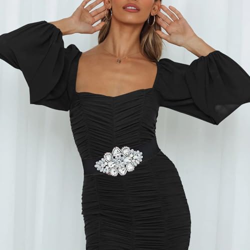 Elastic Rhinestone Belts for Women-Crystal Wide Stretchy Belts for Dress, Cinturones para Mujer, Black2