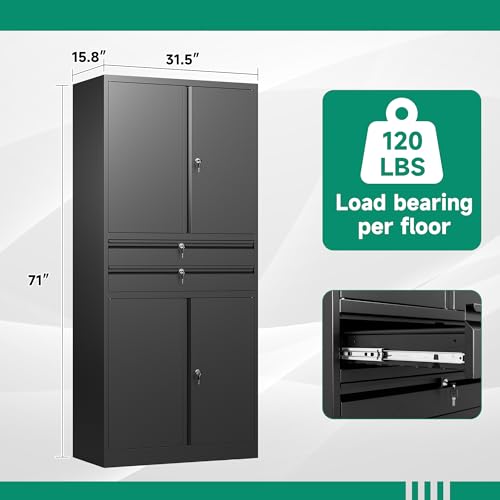 Image of Letaya Metal Garage Storage Cabinet,71 inch Heavy Duty Steel Tool Cabinet with 4 Door Lock-Adjustable Shelves and 2 Drawer for Garage Home Office Utility Room (Black)