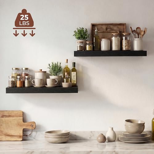 Image of Dreamland 20 Inches Floating Shelves for Wall, 9.3 inch Deep Long Floating Shelves Set of 2, Large Display & Storage Shelf, Wall Shelf for Bathroom Bedroom Living Room Kitchen Office, Black