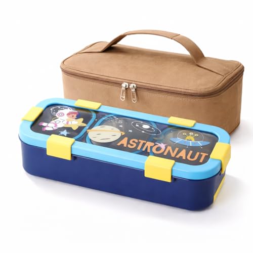 Image of Motka Kids Lunch Box 3 Compartment Combo with Insulated Bag | 600ml Stainless Steel Bento Box for Kids, Leakproof Silicone Seal, Built-in Cutlery, School Travel Food Container - Blue