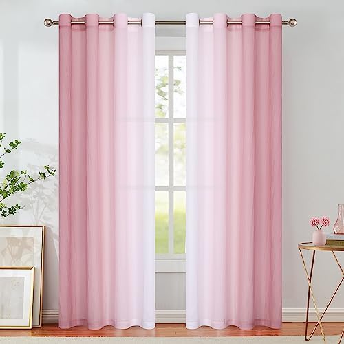 Chiffon Sheer Ombre Curtains for Living Room, Grommet Special Crinkle Gradient Pink Semi Sheer Window Treatments Privacy with Light for Bedroom Kids Room, All Season, 52″x63″x2